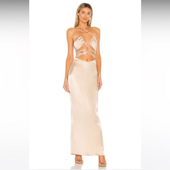 Michael Costello x REVOLVE Josie Cut Out Gown in Nude Satin Halter Maxi Dress - Picture 11 of 12